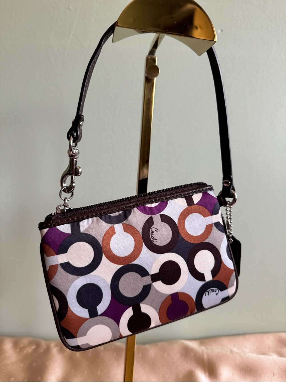 Coach Wristlet Wallet Madison Signature Op Art Sateen Print Brown Leather - Picture 3 of 6